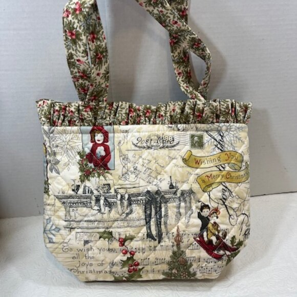 Handmade Christmas Fabric Button Closure Cotton Tote Handbag w/Eyeglass Case NEW - Picture 2 of 10